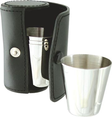 Four Stainless Steel Cups in Leather Case