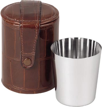 Four Stainless Steel Drinking Cups with Crocodile Style Leather Case - Brown