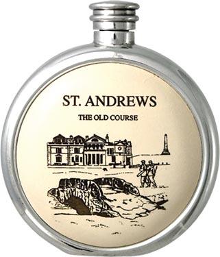 Round Pewter Scrimshaw Hip Flask - 'St.Andrews'