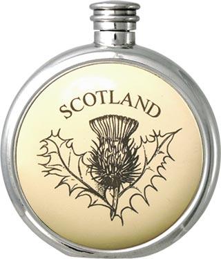 Round Pewter Scrimshaw Hip Flask - 'Scottish: Thistle'
