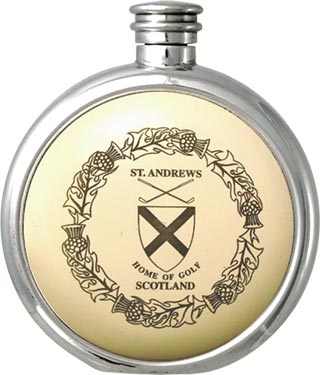 Round Pewter Scrimshaw Hip Flask - 'Scottish: St.Andrews Home of Golf'