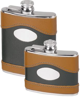 Stainless Steel Leather Bound Captive Top Hip Flask - Two Tone