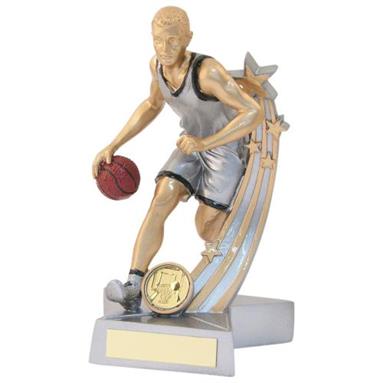 JR15-RF878 Silver/Gold/Black Resin Male Basketball 'Star Action' Figure Trophy