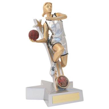 JR15-RF879 Silver/Gold/Black Resin Female Basketball 'Star Action' Figure Trophy