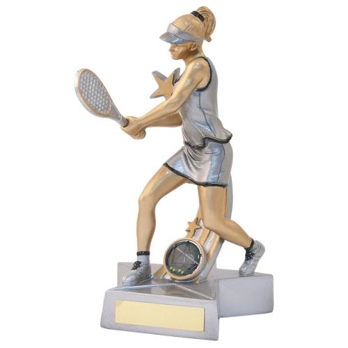 JR21-RF886 Silver/Gold/Black Resin Female Tennis 'Star Action' Figure Trophy