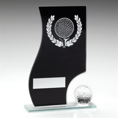 JR2-TD412 Black/Silver Glass Golf Plaque+Ball Trophy 