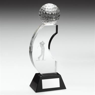 JR2-TD712 Clear/Black Glass Golf Cresent Column Trophy 