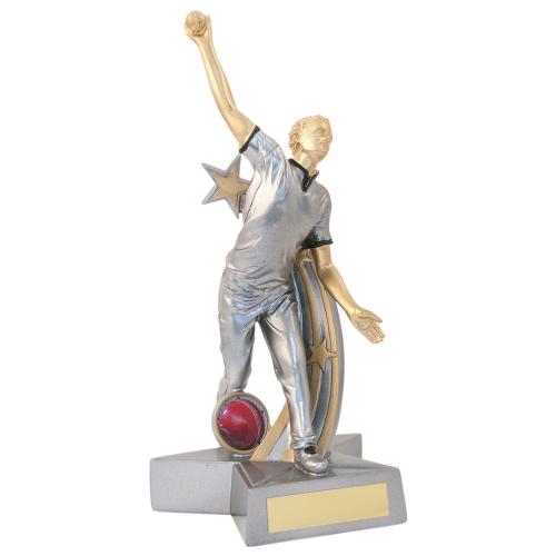 JR6-RF887 Silver/Gold/Black Resin Cricket 'Star Action' Bowler Figure Trophy