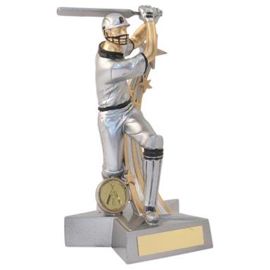 JR6-RF883 Silver/Gold/Black Resin Cricket 'Star Action' Batsman Figure Trophy