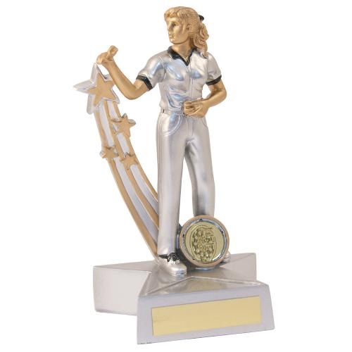 JR3-RF889 Silver/Gold/Black Resin Female Darts 'Star Action' Figure Trophy