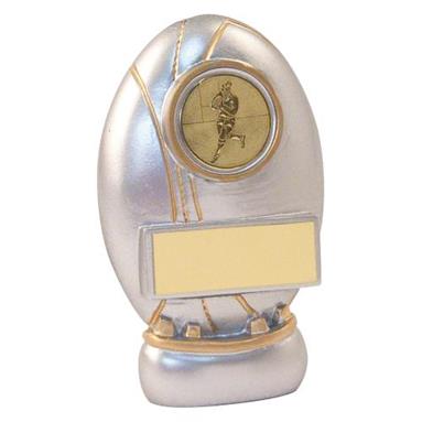 JR4-RF863 Silver/Gold Resin Rugby Ball+Kicking Tee Trophy 