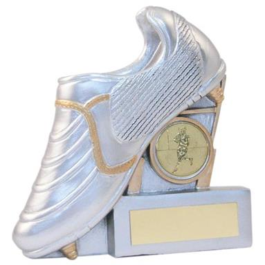 JR4-RF834 Silver/Gold Resin Rugby Boot+Posts Flatback Trophy 