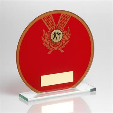 Jade Glass Round Plaque(Red/Gold) With Martial Arts Insert Trophy