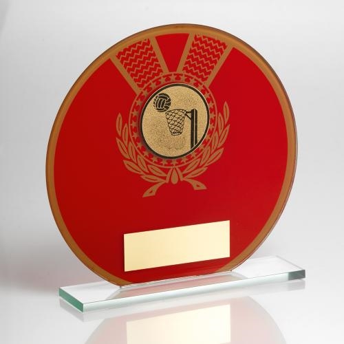 Jade Glass Round Plaque(Red/Gold) With Netball Insert Trophy