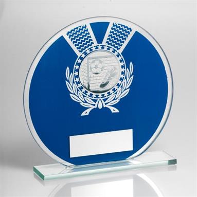 JR1-TD229 Jade Glass Round Plaque(Blue/Silver) With Football Insert Trophy