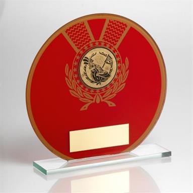 JR2-TD129 Jade Glass Round Plaque(Red/Gold) With Golf Insert Trophy