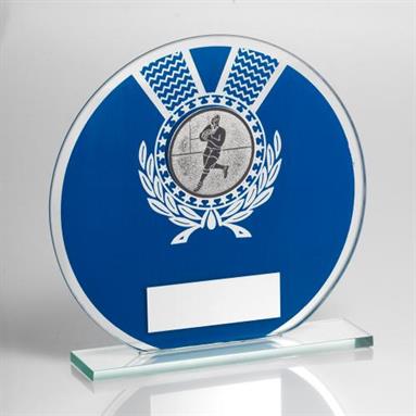 JR4-TD229 Jade Glass Round Plaque(Blue/Silver) With Rugby Insert Trophy