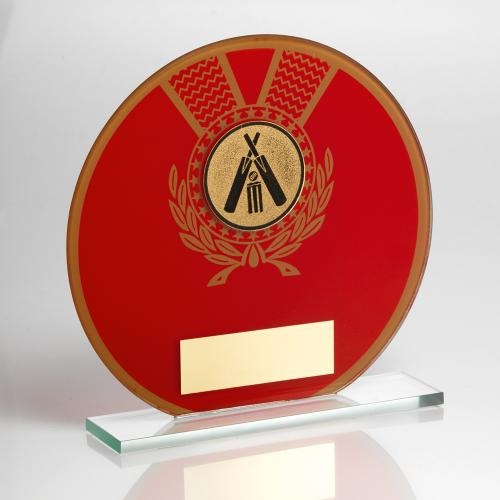 JR6-TD129 Jade Glass Round Plaque(Red/Gold) With Cricket Insert Trophy