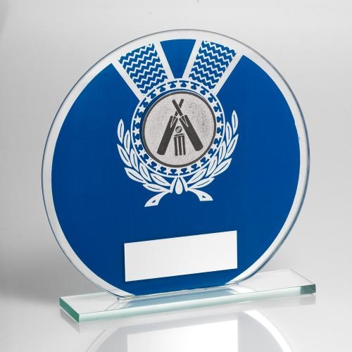 JR6-TD229 Jade Glass Round Plaque(Blue/Silver) With Cricket Insert Trophy