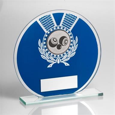 JR7-TD229 Jade Glass Round Plaque(Blue/Silver) With Lawn Bowls Insert Trophy