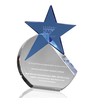 Blue Crystal Star Award set in Rounded Clear Crystal Base