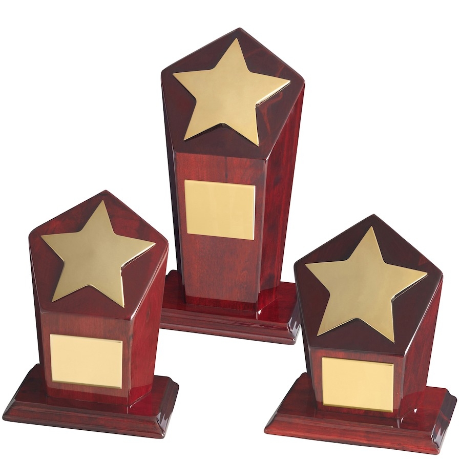 Gold Finish Metal Stars on Hexagonal Wood Bases - Available in 3 sizes
