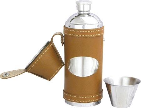 Leather Bound Stainless Steel Hunting Flask - Tan