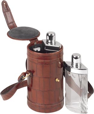 Stainless Steel Picnic Flask Set Encased in a Crocodile Style Leather Carrying Case - Brown