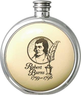 Round Pewter Scrimshaw Hip Flask - 'Scottish: Robert Burns'