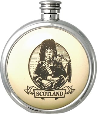 Round Pewter Scrimshaw Hip Flask - 'Scottish: Piper'