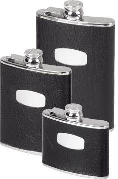 Stainless Steel Leather Bound Captive Top Hip Flask - Black
