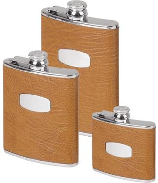 Stainless Steel Leather Bound Captive Top Hip Flask - Tan
