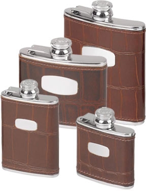Stainless Steel Leather Bound Captive Top Hip Flask - Crocodile Style