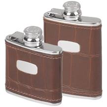 2oz & 3oz- Stainless Steel Leather Bound Captive Top Hip Flask - Crocodile Style