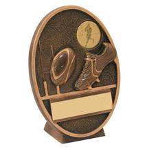 JR4-RF202 Bronze/Gold Rugby Ball+Boot Oval Plaque Trophy (1In Centre)