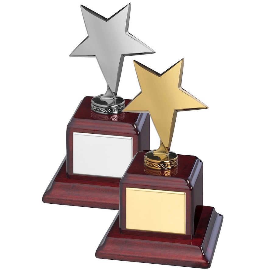 Highly Polished Bright Finish Solid Metal Star Awards - Available in Gold or Silver finish