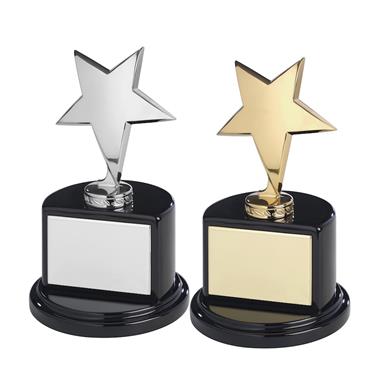 Solid Metal Star Awards on Black Piano Wood Bases  - Available in Gold & Silver Finishes