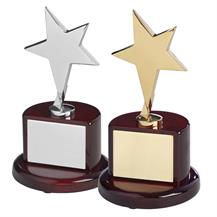 Solid Metal Star Awards on Piano Wood Bases  - Available in Gold & Silver Finishes